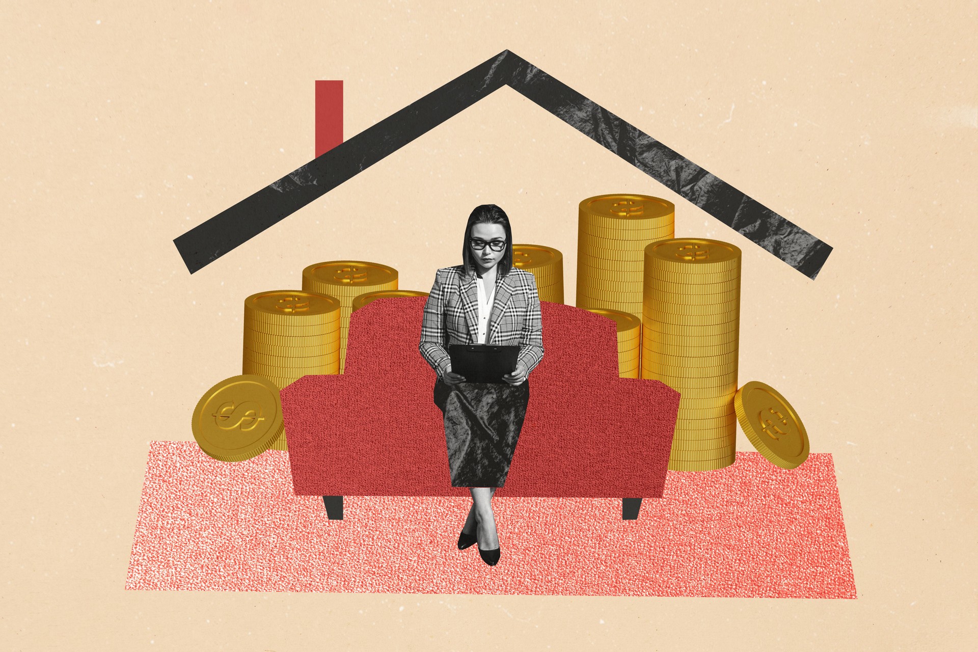 Composite photo collage of serious girl employee remote work house roof coin income clipboard statistics isolated on painted background