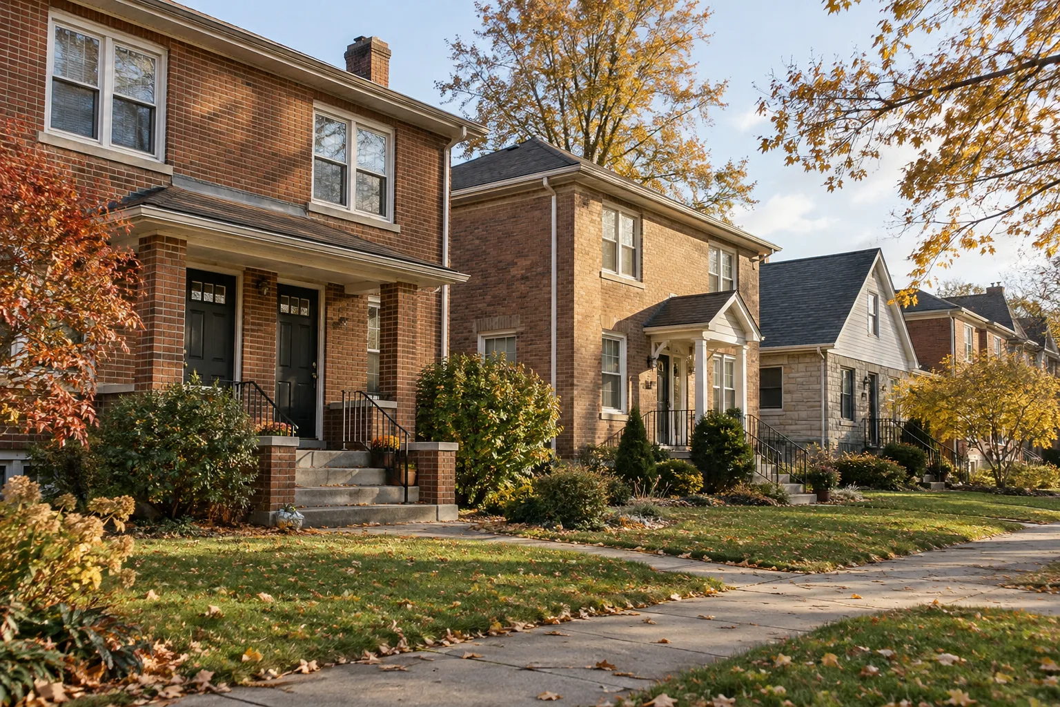 Illustrative brick duplexes and houses on a residential block